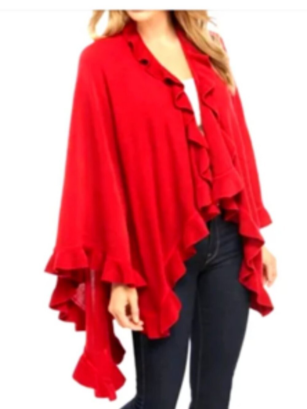 Coldwater Creek Red Ruffle Ruana Wrap OS Boho Lagenlook Open Front Shrug Poncho - Picture 7 of 7